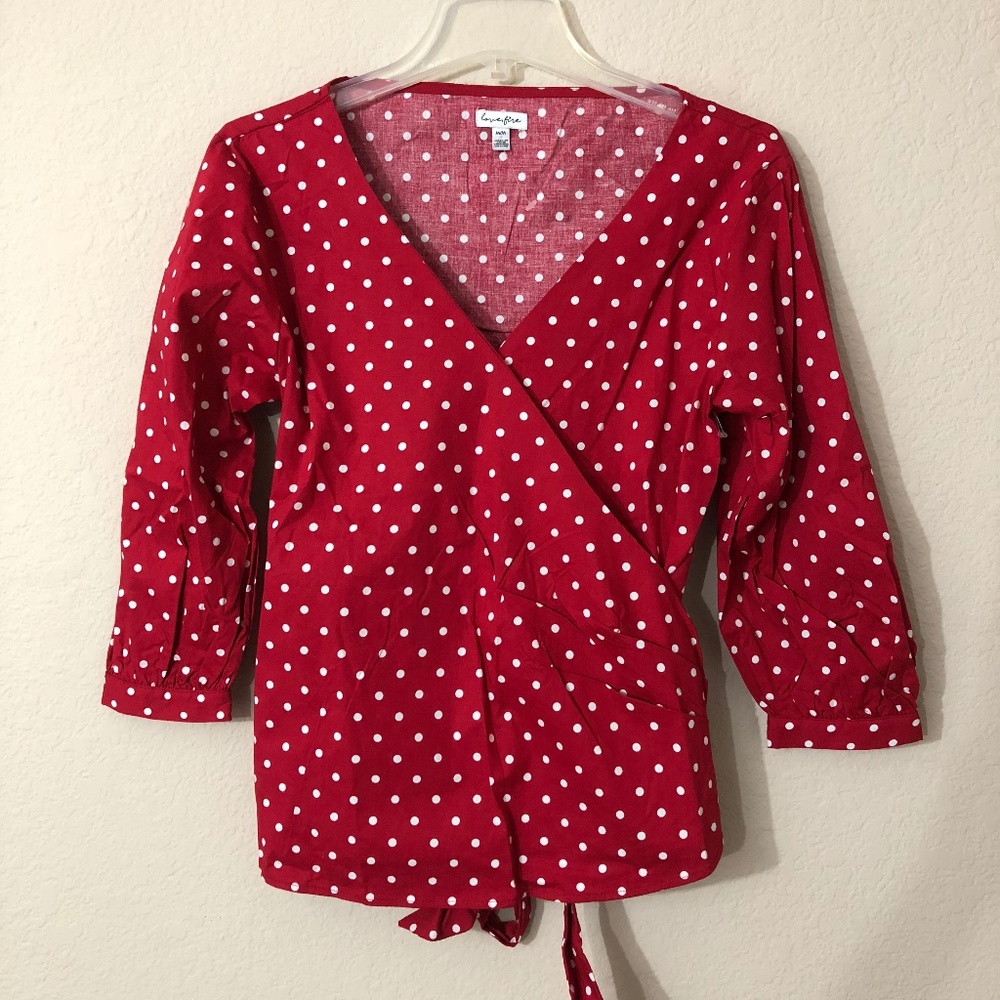Love Fire Red White Polka Dot Top NWOT - Picture 2 of 8